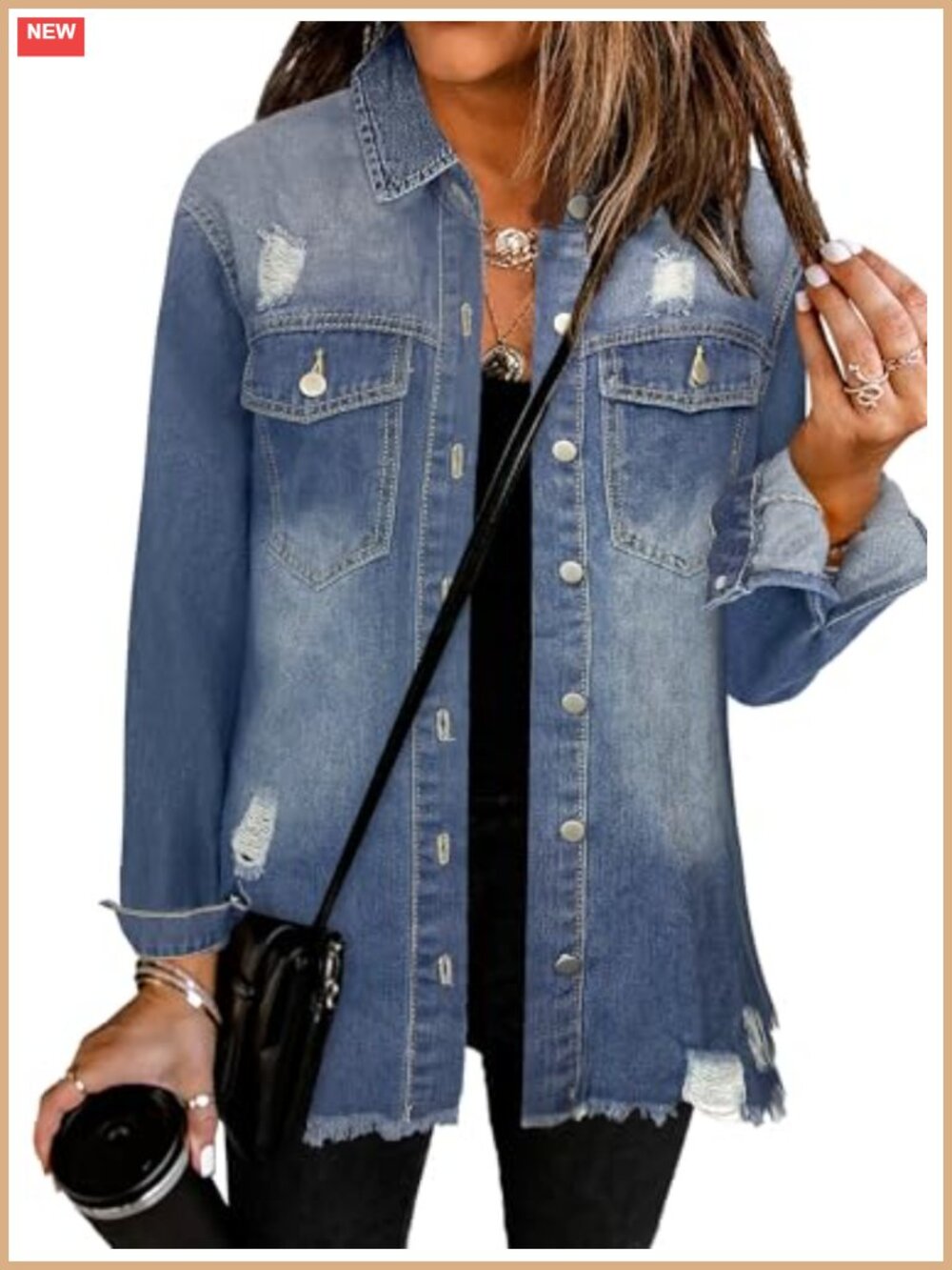 Oversized Distressed Denim Shacket Button Utility Pockets